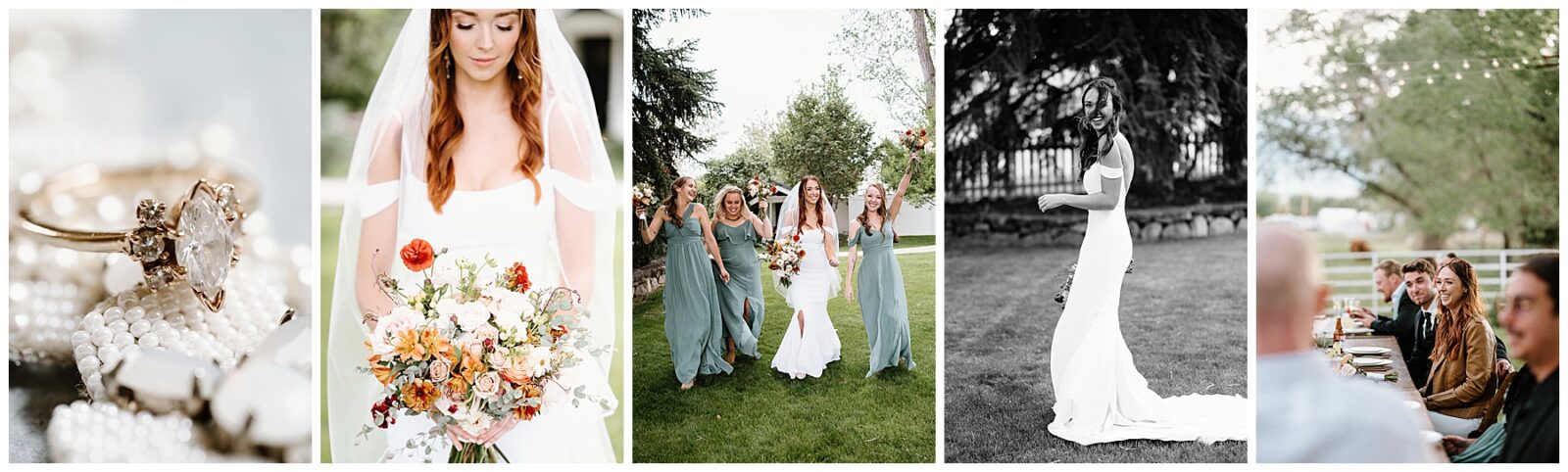 forst image on left is close up of bride and her bouquet followed by images showcasing details from her day. That includes her bridesmaids and imae of their outdoor reception