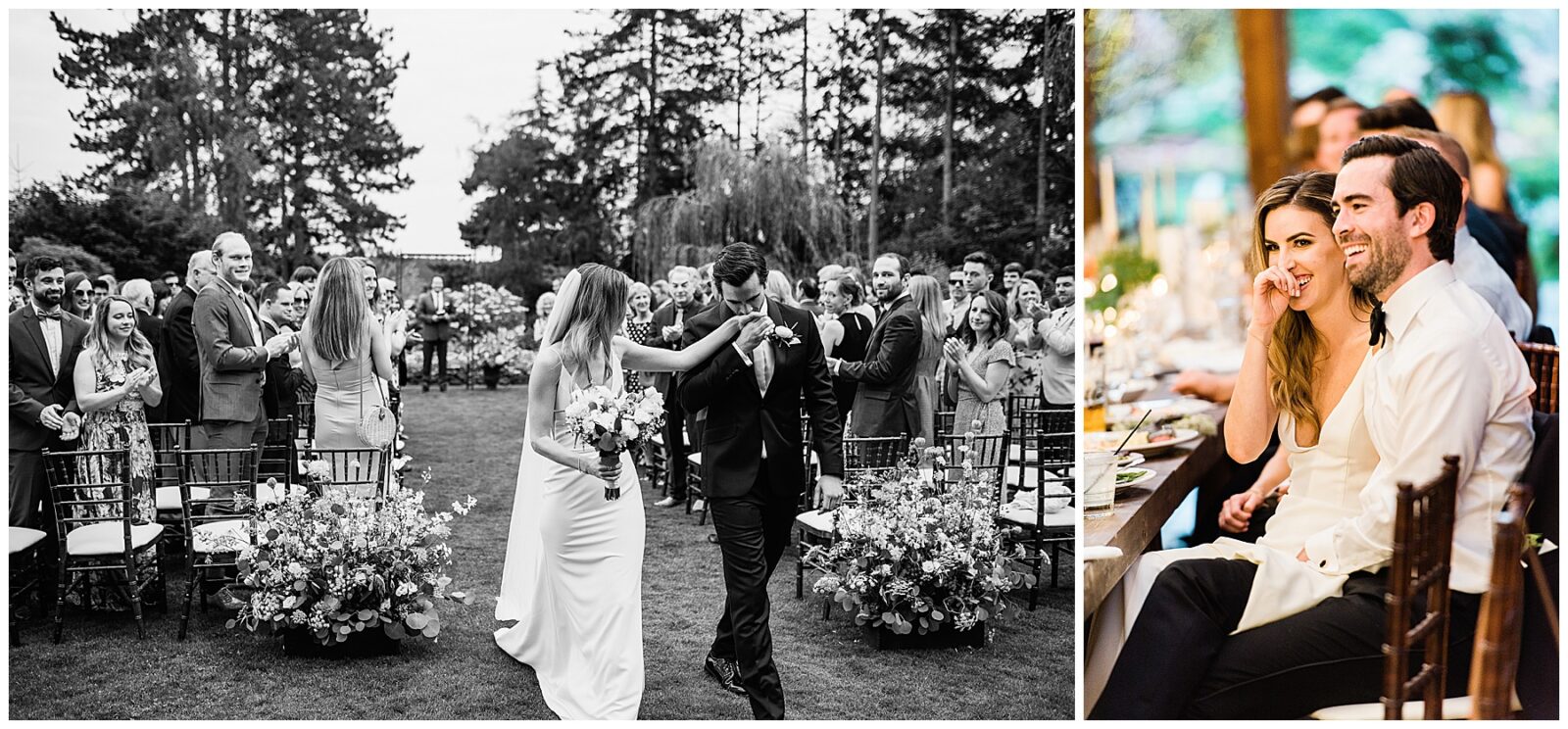 Groom kissing brides hand after their ceremony and another image next to it of them laughing during their reception