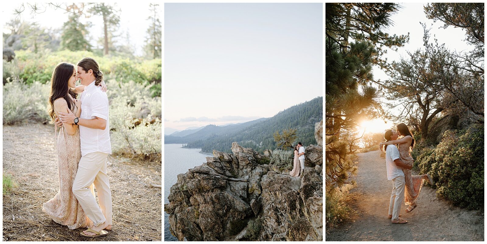 Couple on cave rock haviung their portraits taken overlooking lake tahoe