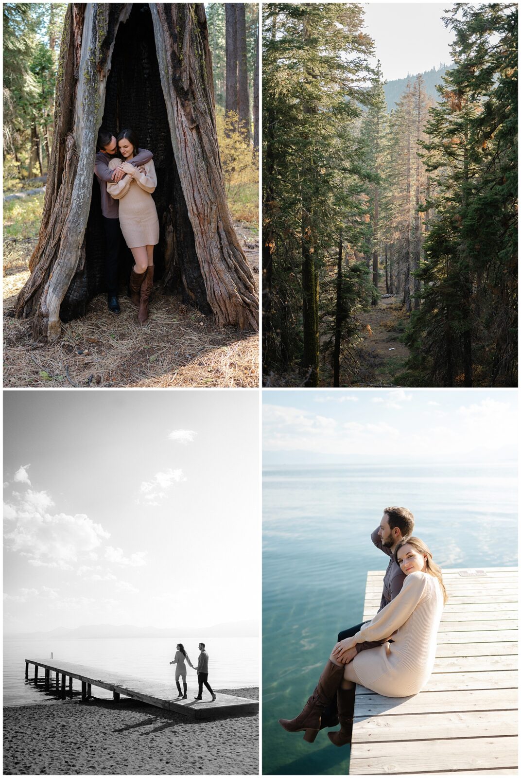 lake tahoe engagement session in the forrest. Four image collage of couple in different parts of lake tahoe