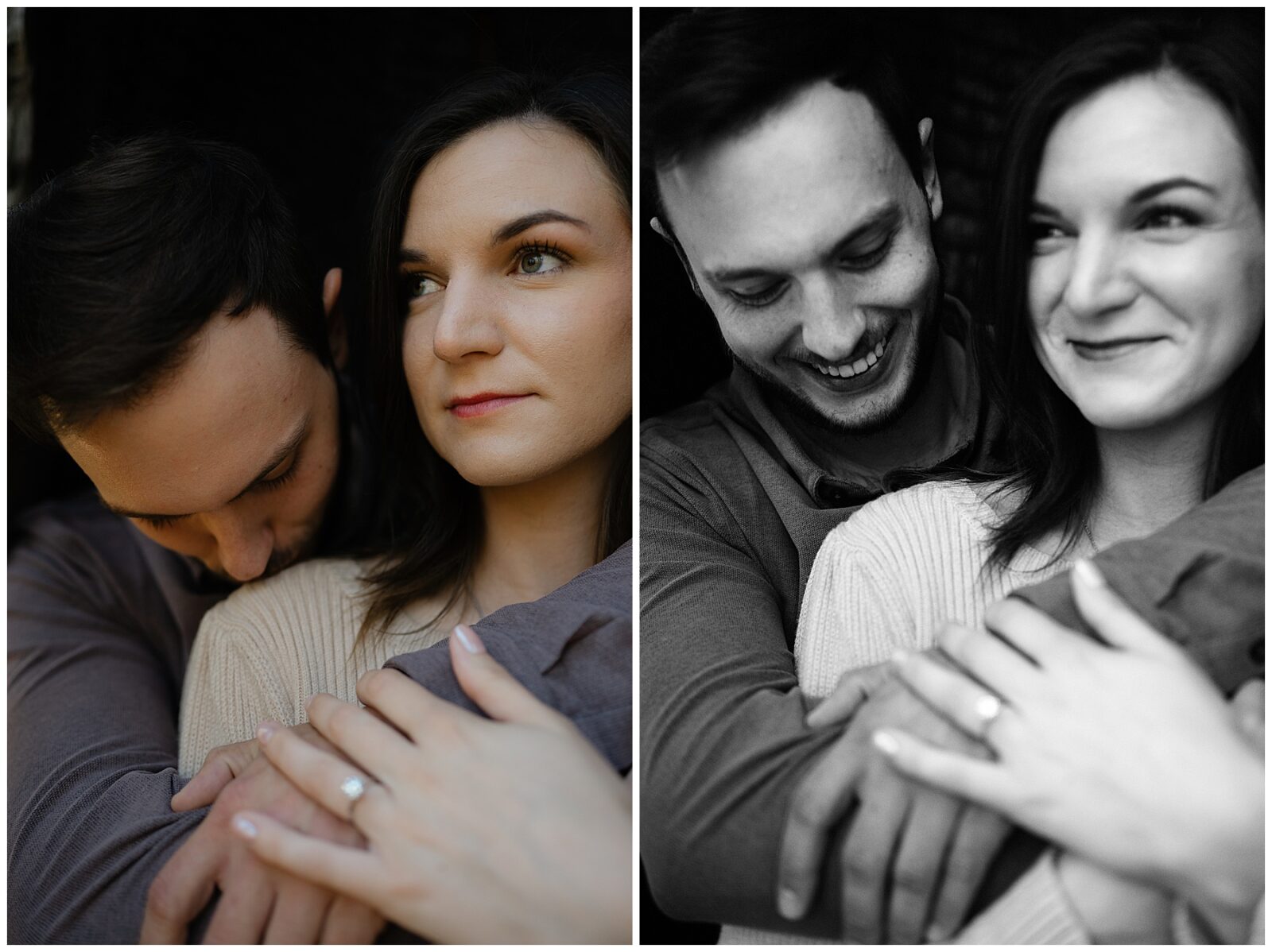 lake tahoe engagement session. Image of couple snuggling close and smiling