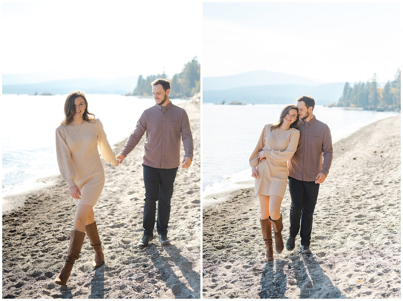 couple walking down the beach during their lake tahoe engagement session