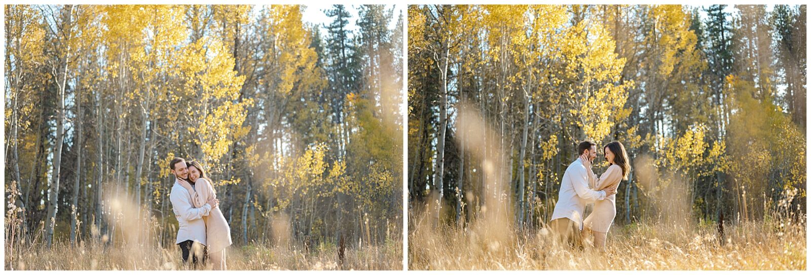 couple playing in an aspen grove during their lake tahoe engagement session