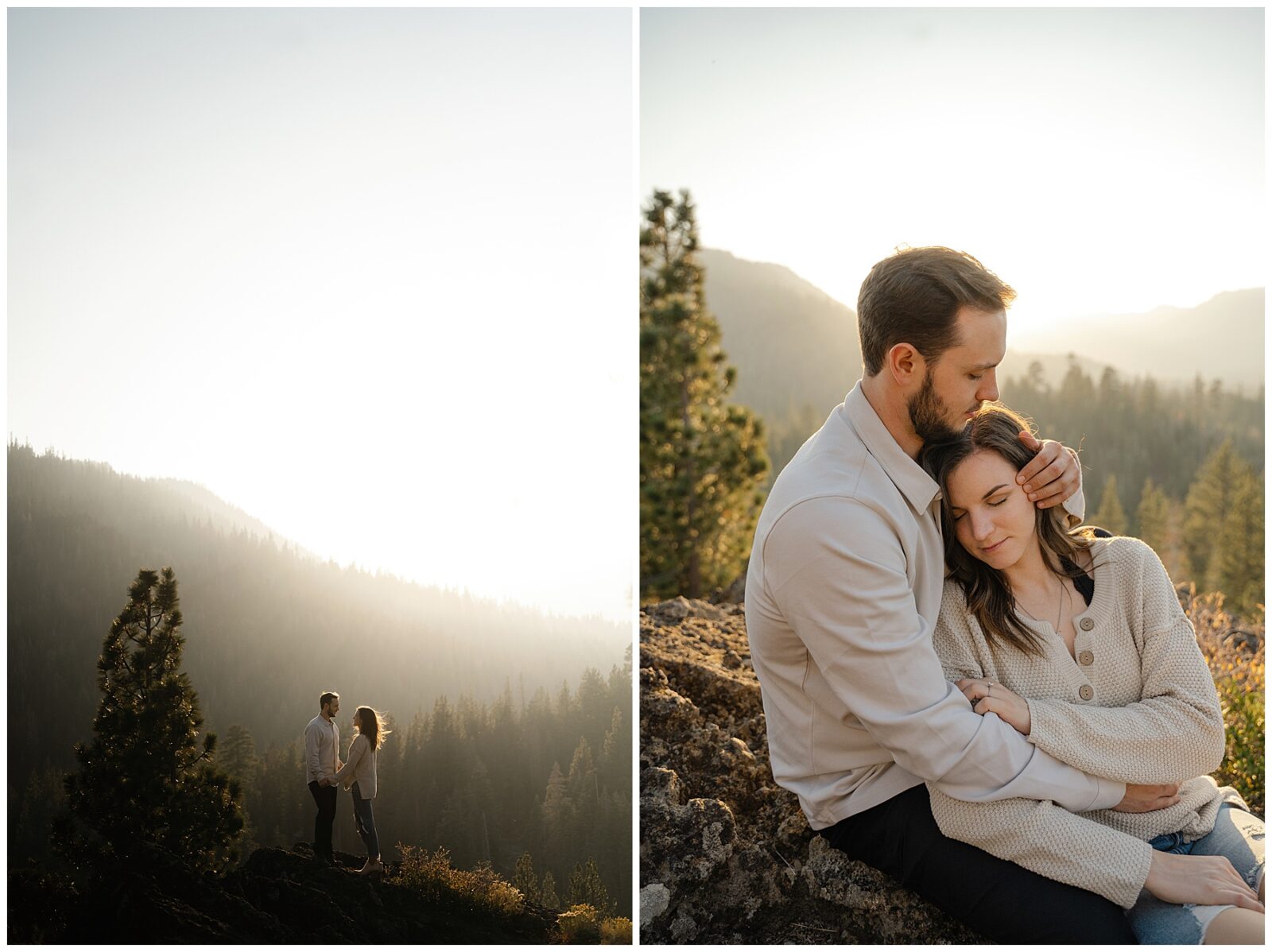 couple standing on a boulder and sitting on a rock during sunset during their lake tahoe engagement session