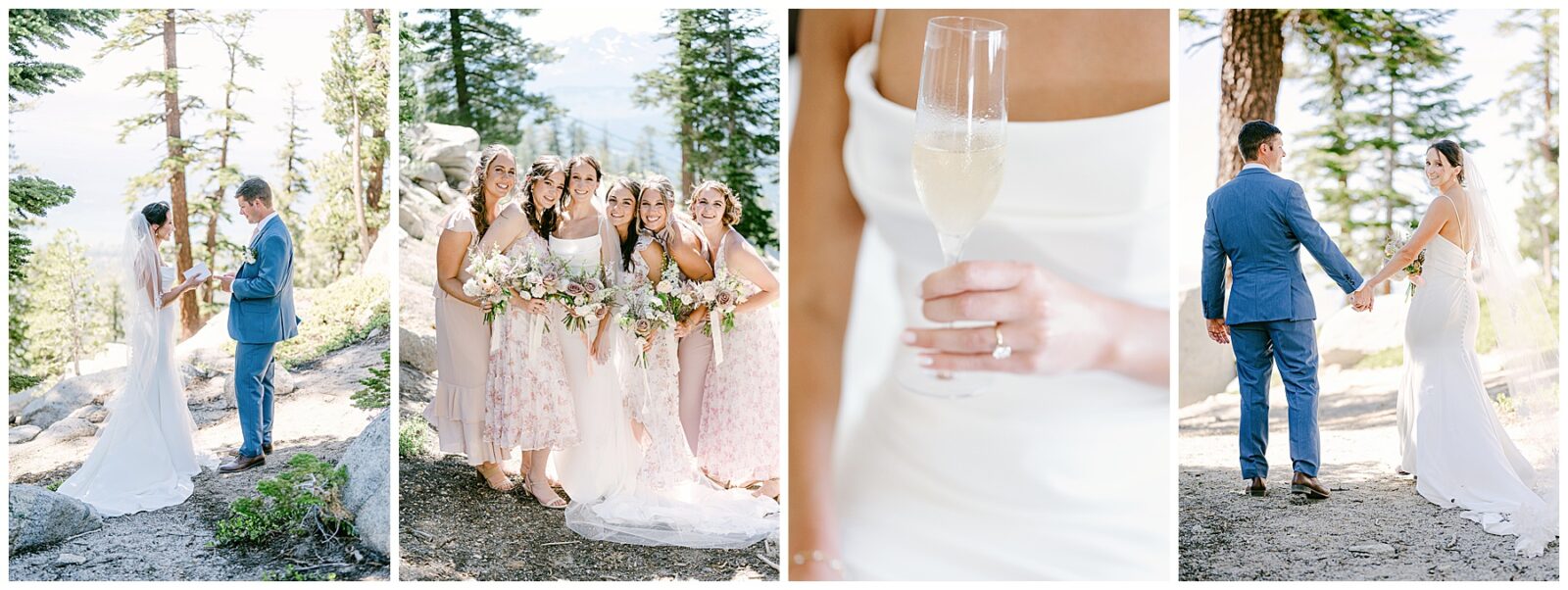 Collage of bride holding champagne and bridesmaids posing on top of lake tahoe