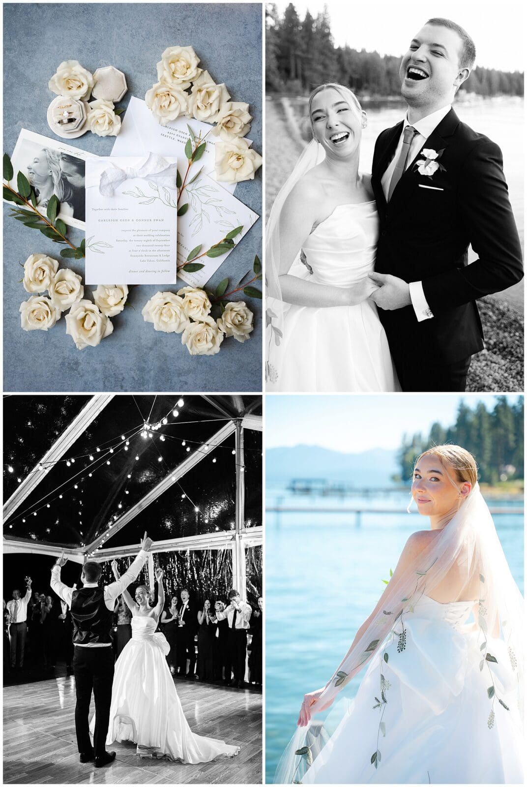 collage of couple at Sunnyside Restaurant and Lodge on their wedding day