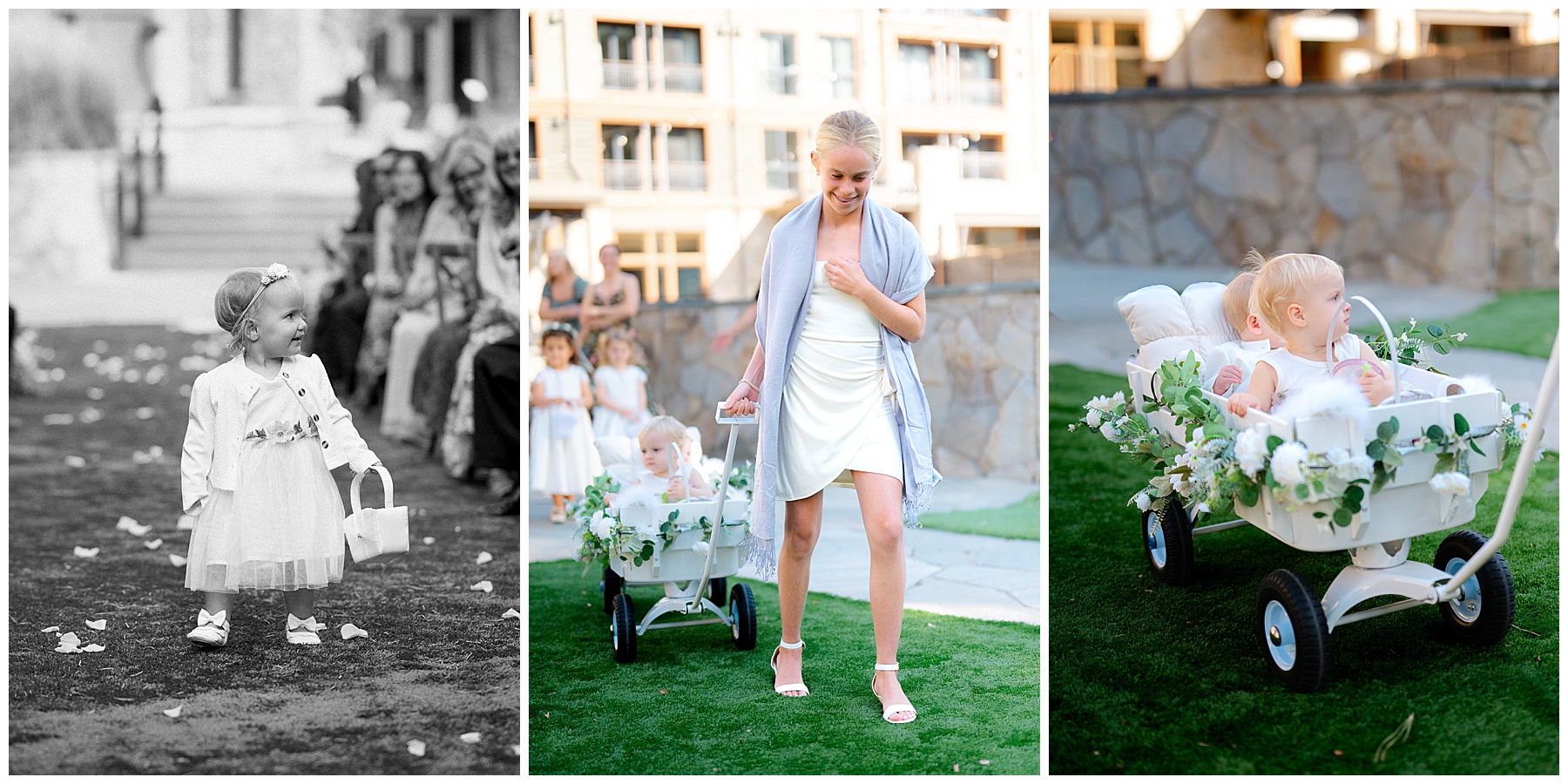 Nieces and nephews walking down the aisle during Lake Tahoe forest wedding