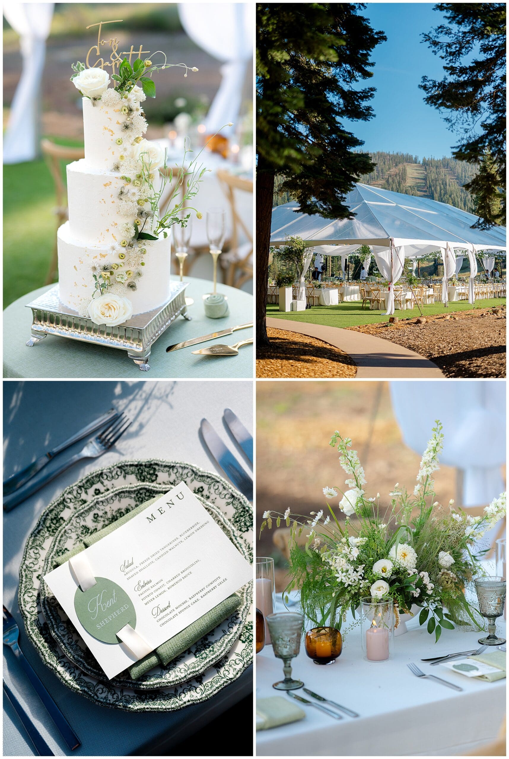 Tented mountain-view wedding reception with greenery and lanterns at Ritz-Carlton Tahoe