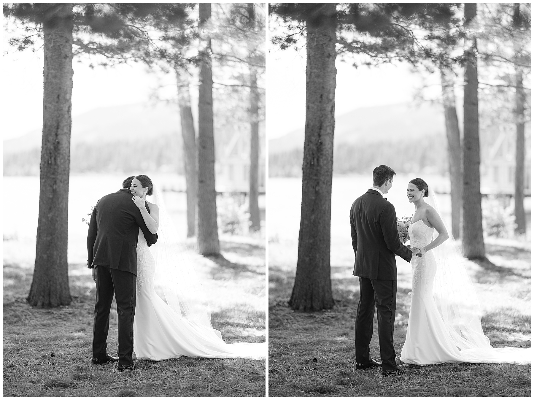 Emotional first look on private pier before Sunnyside Lake Tahoe wedding
