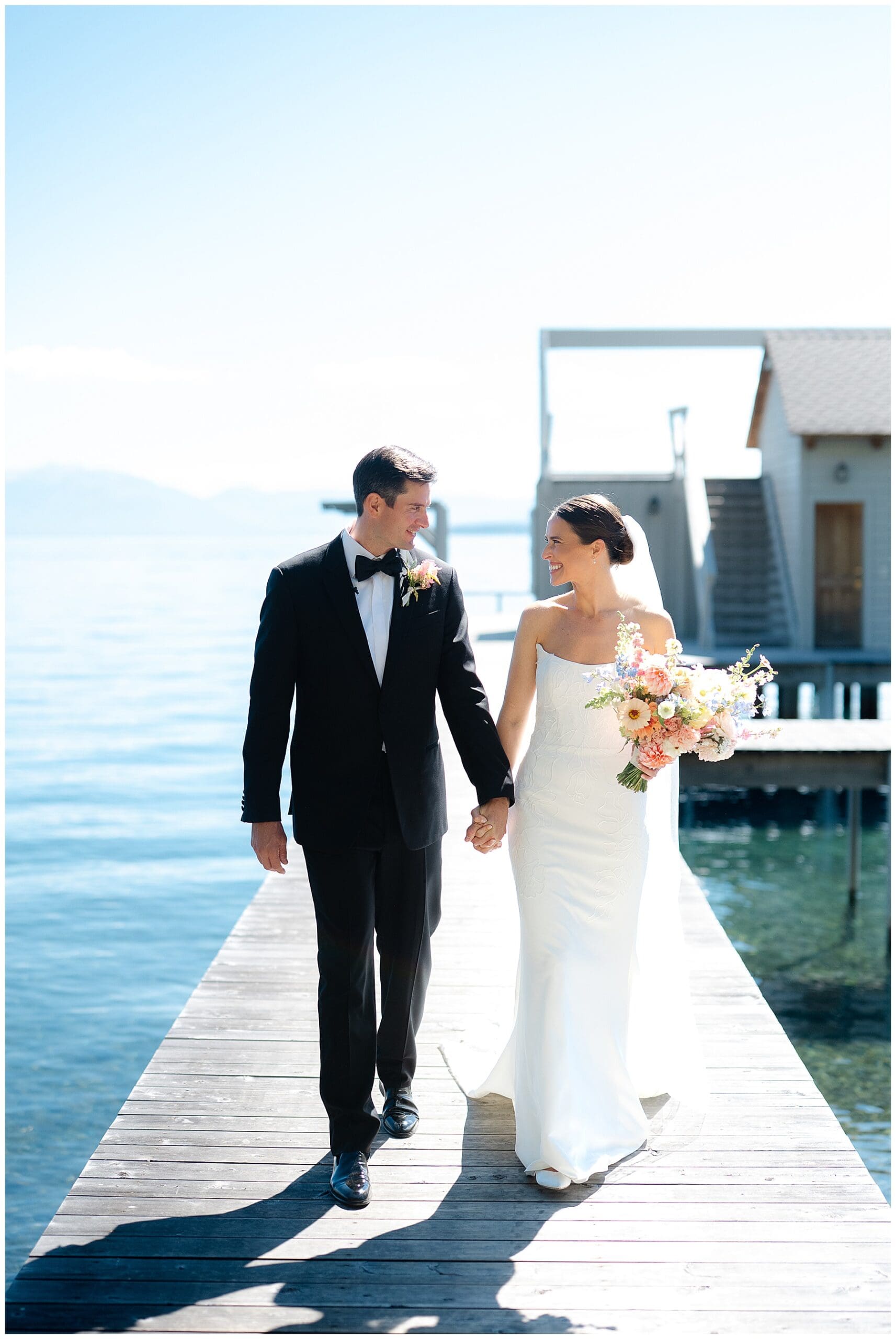 Romantic lakeside portraits at Sunnyside Resort captured by Lake Tahoe wedding photographer