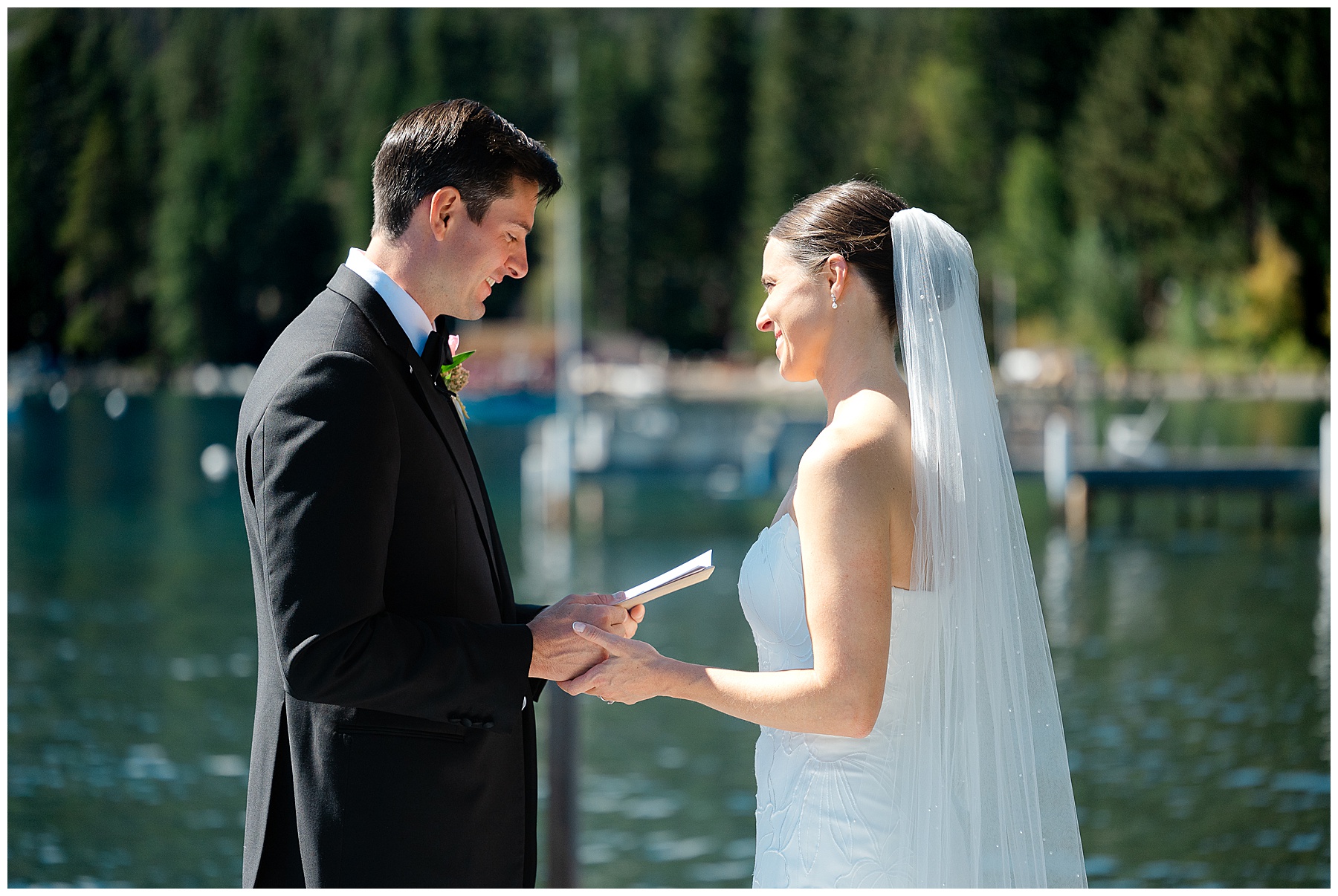 Emotional first look on private pier before Sunnyside Lake Tahoe wedding