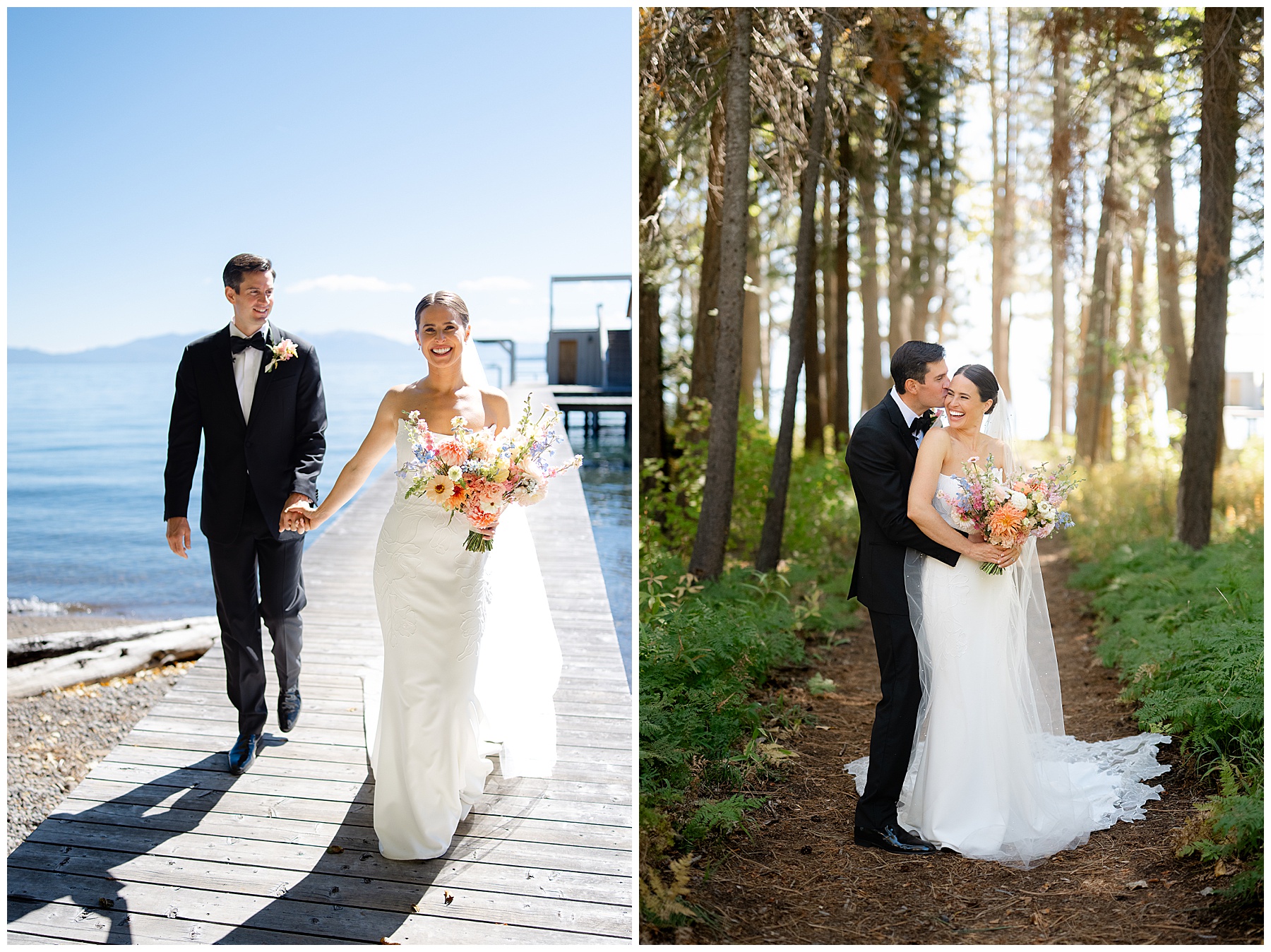 Emotional first look on private pier before Sunnyside Lake Tahoe wedding