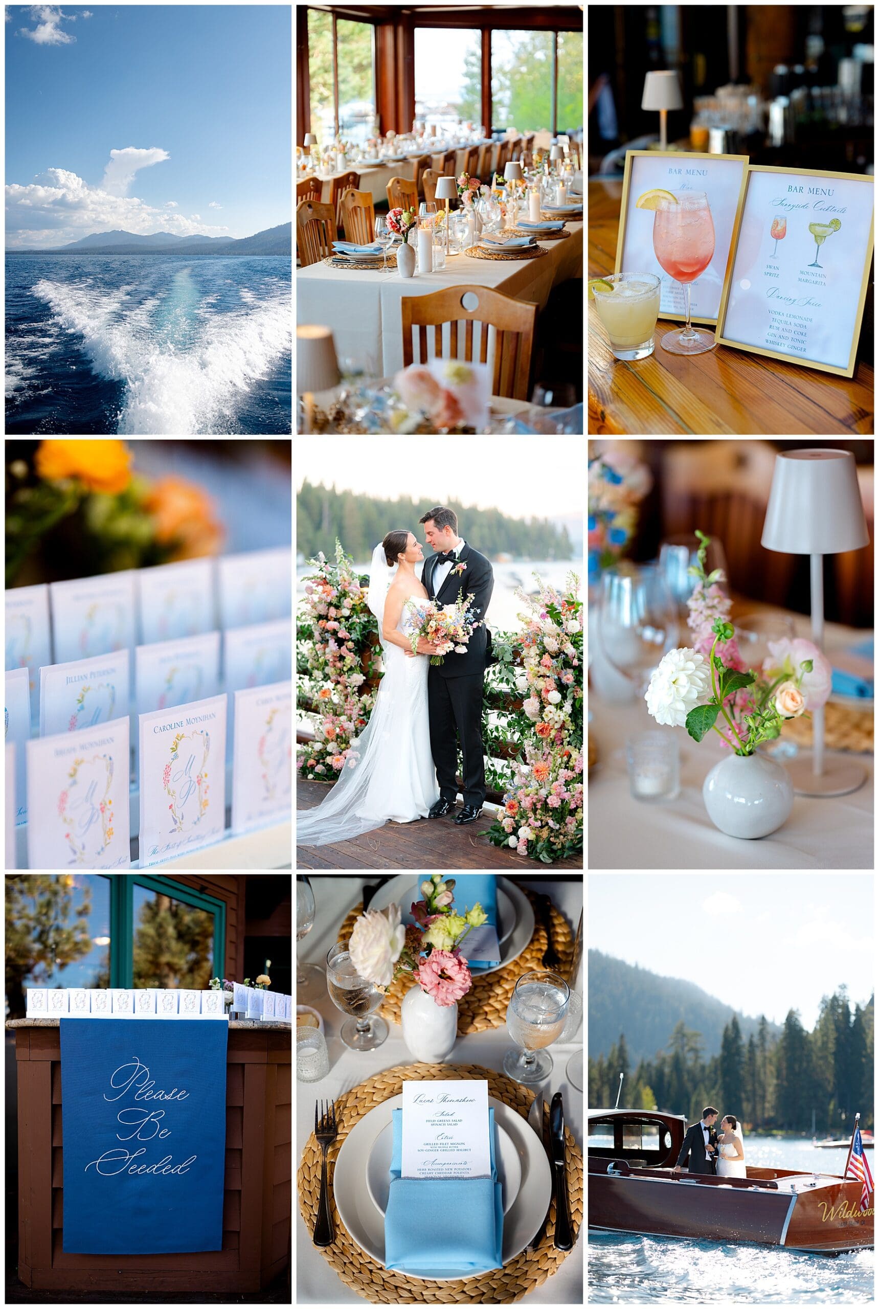Candlelit Sunnyside Resort Lake Tahoe wedding reception with colorful florals