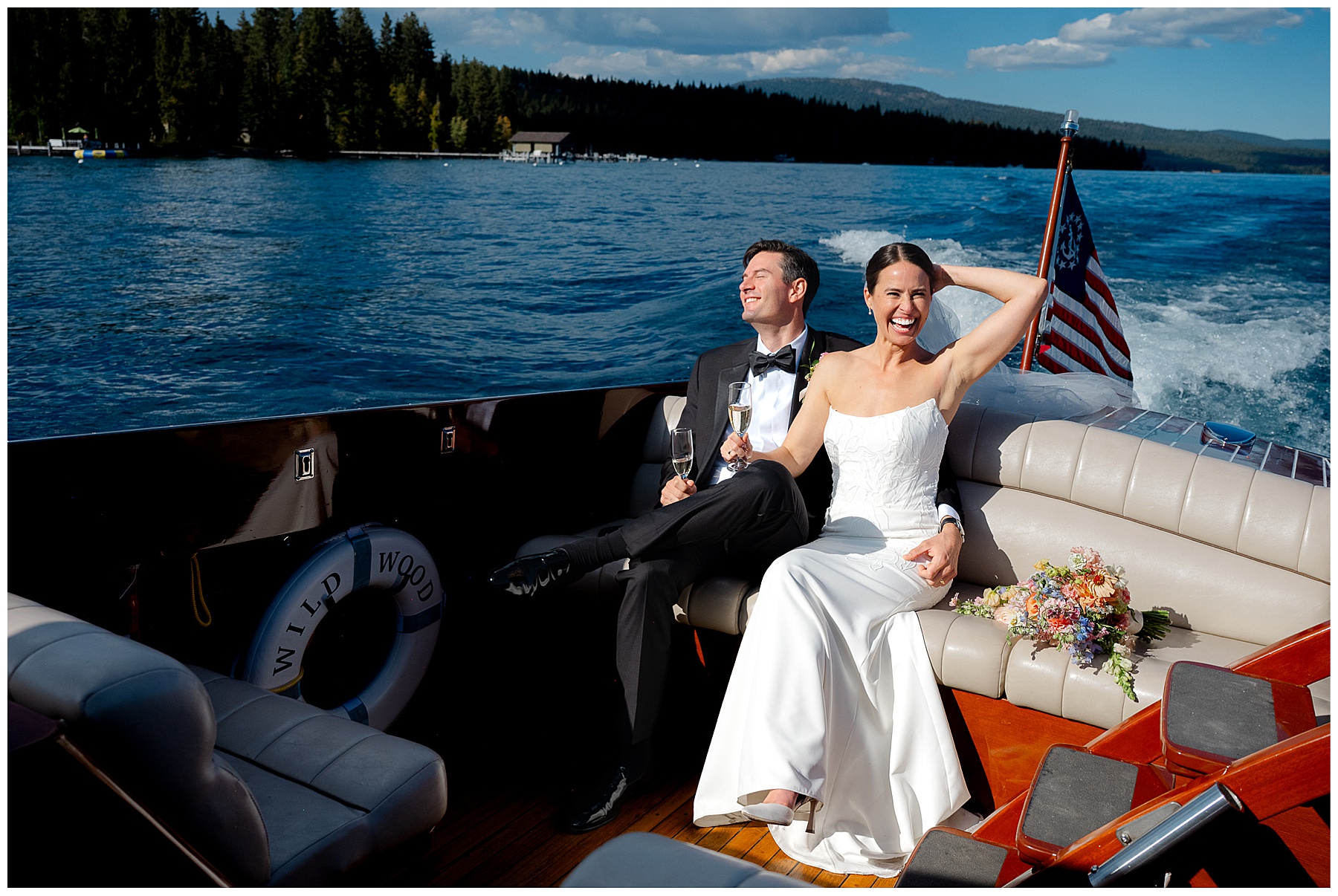 Bride arriving by boat for Sunnyside Lake Tahoe wedding ceremony