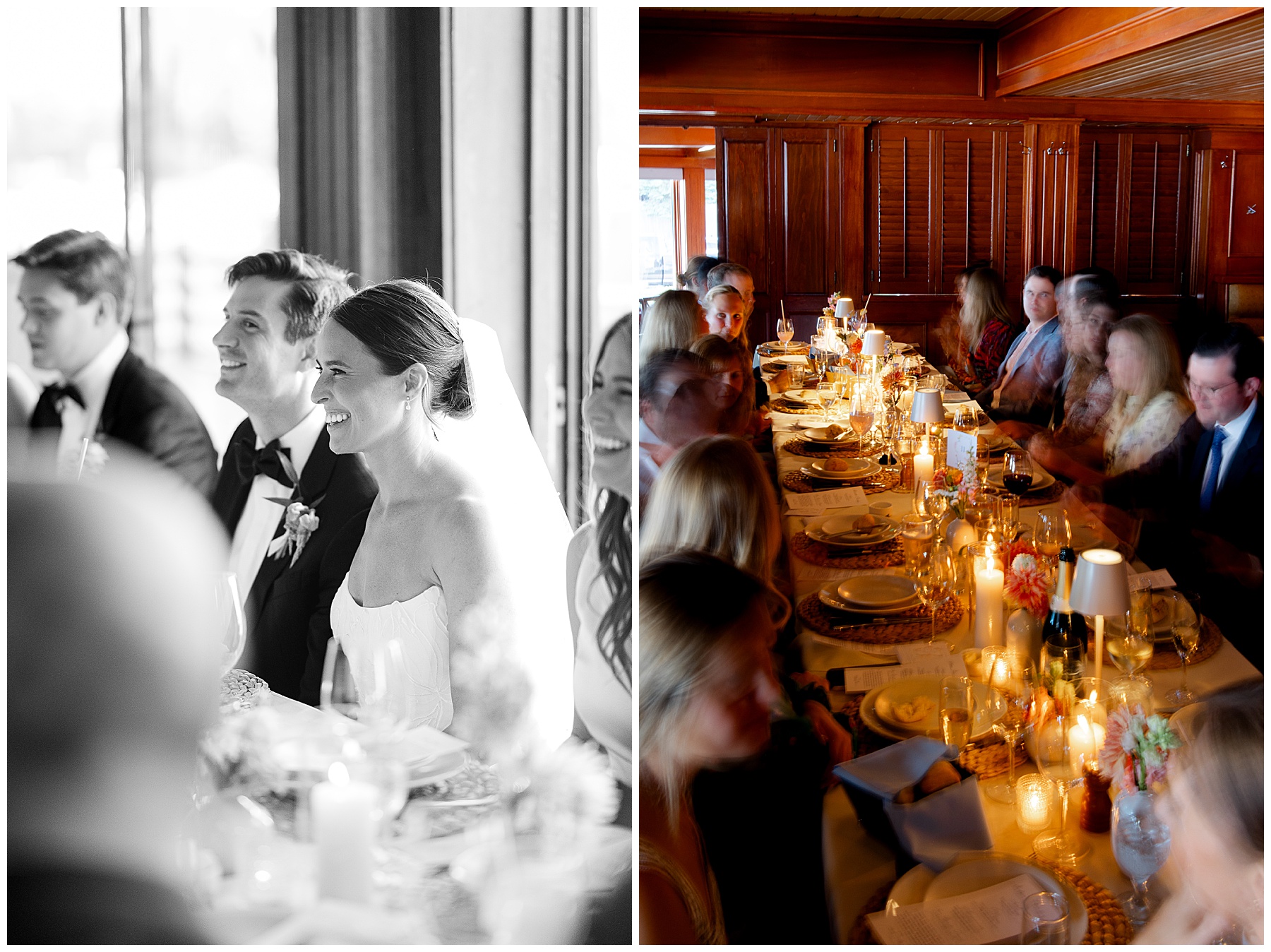 Candlelit Sunnyside Resort Lake Tahoe wedding reception with colorful florals