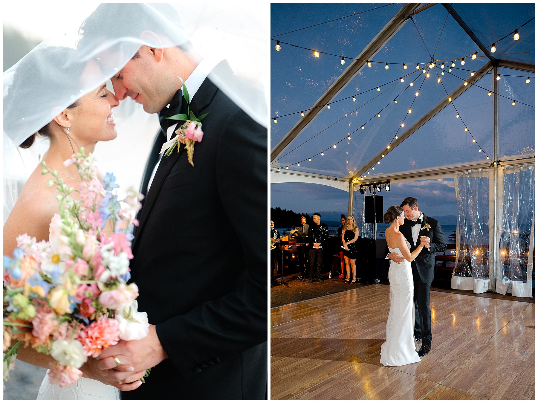 Candlelit Sunnyside Resort Lake Tahoe wedding reception with colorful florals