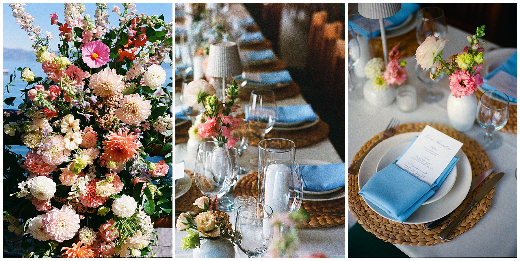 Candlelit Sunnyside Resort Lake Tahoe wedding reception with colorful florals